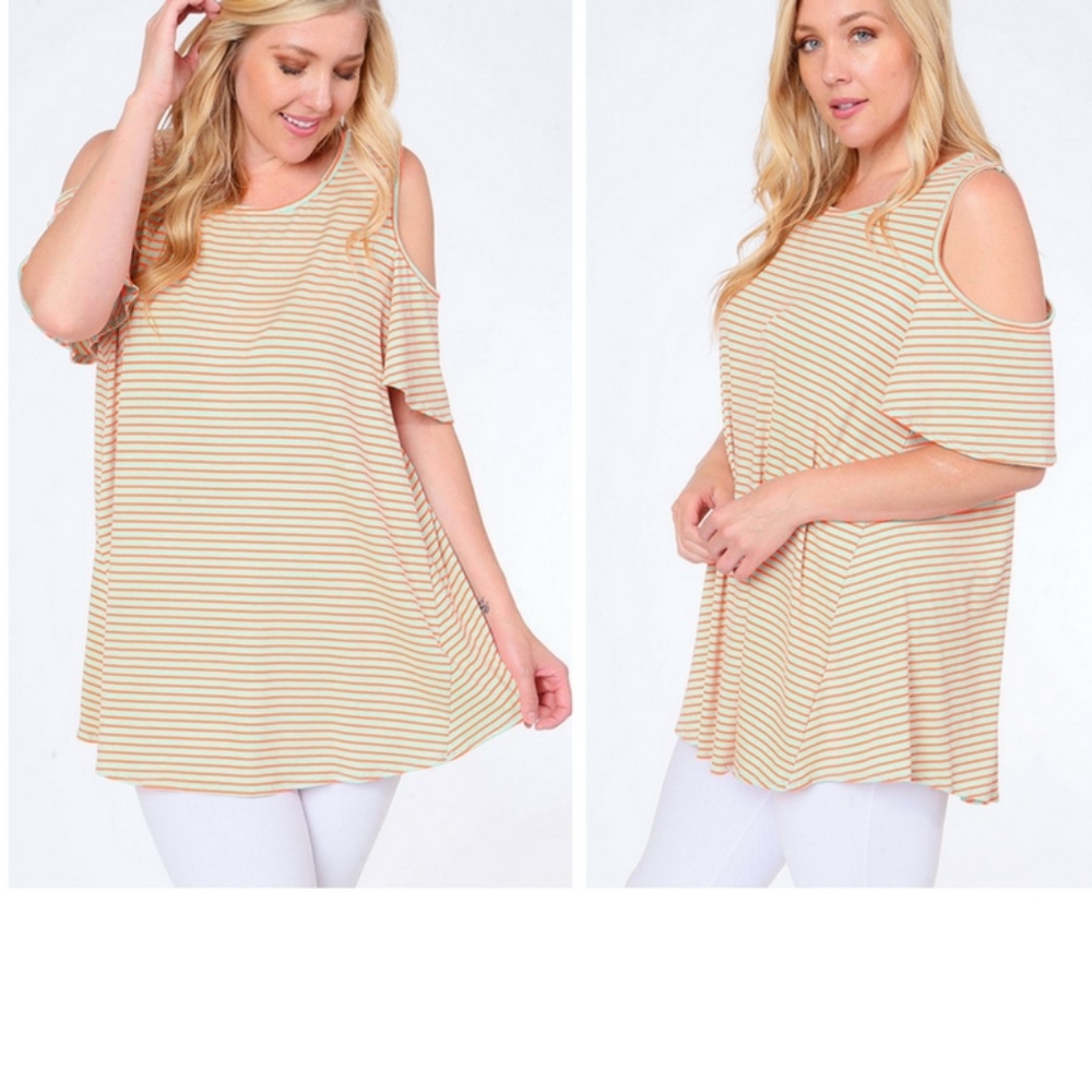 Plus Size Coral Sage Striped Cold Shoulder Tunic